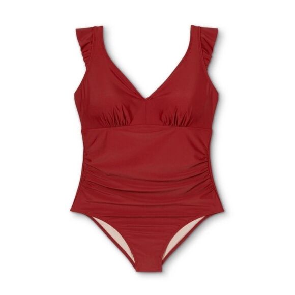NWT Kona Sol One Piece Swimsuit Size 22W Brick Red Ruffle Strap Ruched Plus Size - Picture 2 of 16